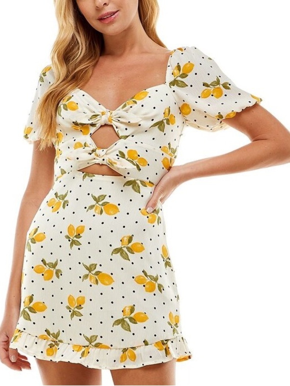 City studios lemon polka dot tie front puff sleeve dress